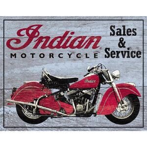 Indian Motorcycle Sales & Service Wooden Blue Metal Tin Sign 12.5" X 16"